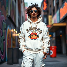 A fashionable 30-year-old man with curly brown hair, embodying a rapper's style