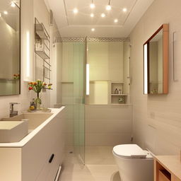 Minimalistic and practical small bathroom designs with smart storage solutions, detailed tiles, and bright lighting