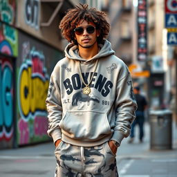 A fashionable 30-year-old man with curly brown hair, embodying a rapper's style