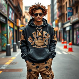 A fashionable 30-year-old man with curly brown hair, embodying a rapper's style