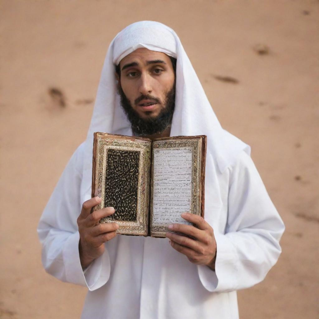 A single person in shock, holding an opened Qur'an, the sacred text mysteriously disappeared, adding a sense of profound awe in the scene.