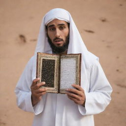 A single person in shock, holding an opened Qur'an, the sacred text mysteriously disappeared, adding a sense of profound awe in the scene.