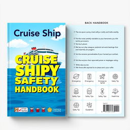 An eye-catching cover design for a safety handbook aimed at cruise ship passengers, featuring a vibrant illustration of a cruise ship sailing through calm seas with clear blue skies