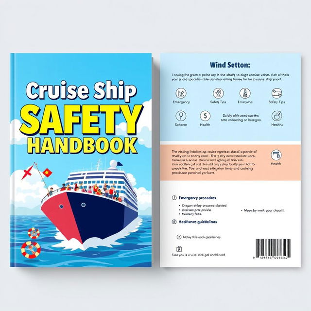 An eye-catching cover design for a safety handbook aimed at cruise ship passengers, featuring a vibrant illustration of a cruise ship sailing through calm seas with clear blue skies