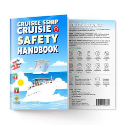 An eye-catching cover design for a safety handbook aimed at cruise ship passengers, featuring a vibrant illustration of a cruise ship sailing through calm seas with clear blue skies