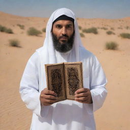 A single person in shock, holding an opened Qur'an, the sacred text mysteriously disappeared, adding a sense of profound awe in the scene.