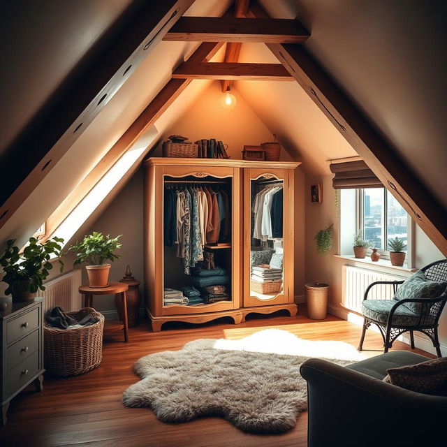 A cozy attic room featuring a stylish wardrobe