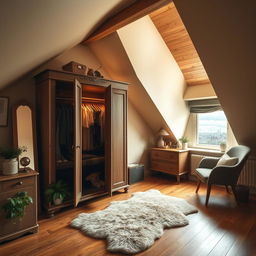 A cozy attic room featuring a stylish wardrobe