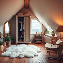 A cozy attic room featuring a stylish wardrobe