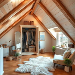 A cozy attic room featuring a stylish wardrobe