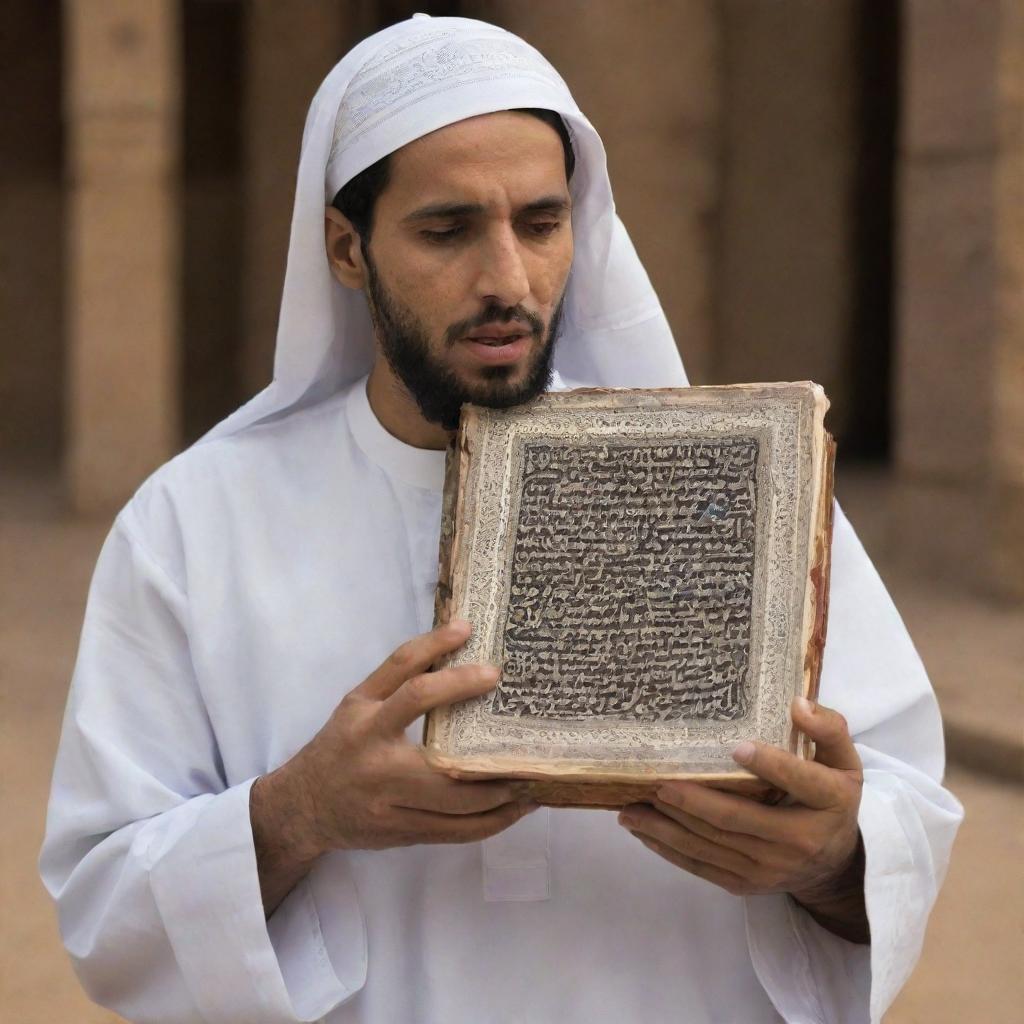 A single person in shock, holding an opened Qur'an, the sacred text mysteriously disappeared, adding a sense of profound awe in the scene.