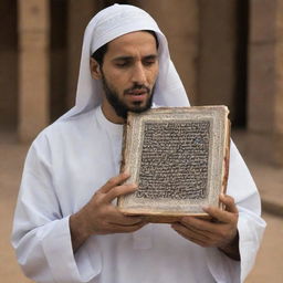 A single person in shock, holding an opened Qur'an, the sacred text mysteriously disappeared, adding a sense of profound awe in the scene.