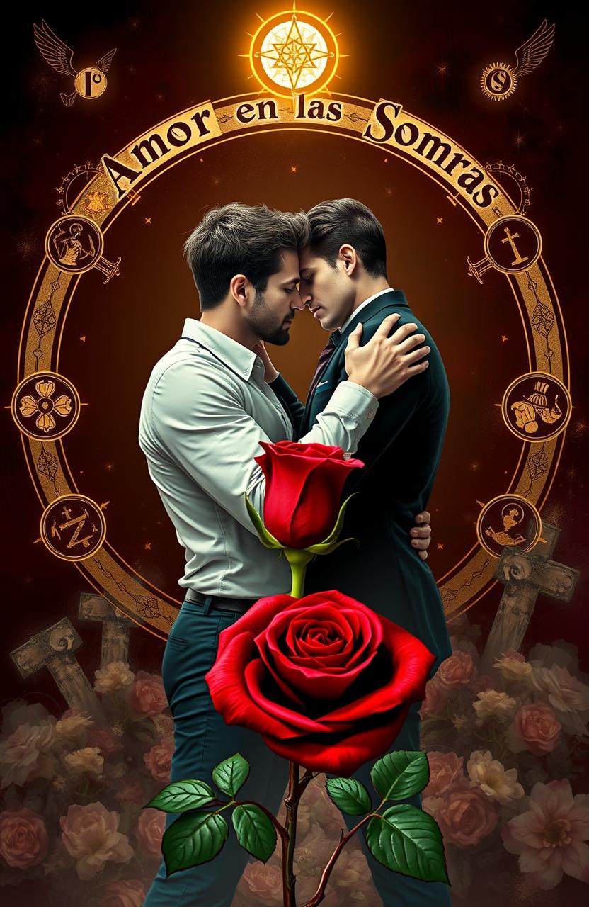Two handsome men embracing each other passionately, surrounded by alchemical symbols floating around them