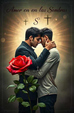 Two handsome men embracing each other passionately, surrounded by alchemical symbols floating around them