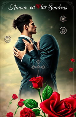 Two handsome men embracing each other passionately, surrounded by alchemical symbols floating around them