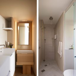 Minimalistic and practical small bathroom designs with smart storage solutions, detailed tiles, and bright lighting