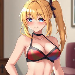 A sexy blonde-haired waifu wearing a stylish bra, showcasing her attractive features and alluring figure