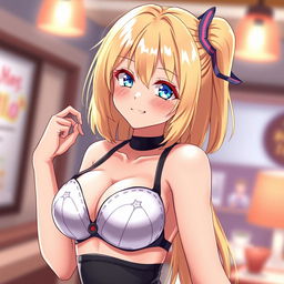 A sexy blonde-haired waifu wearing a stylish bra, showcasing her attractive features and alluring figure