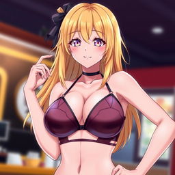A sexy blonde-haired waifu wearing a stylish bra, showcasing her attractive features and alluring figure