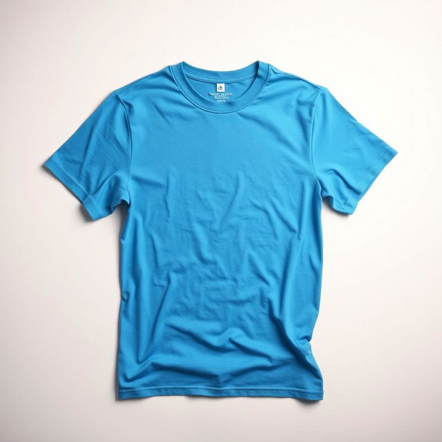 A vibrant blue t-shirt displayed prominently on a soft, neutral background