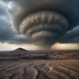 A surreal landscape where the sky appears to be rolling up and the Earth disgorges what lies within its belly, creating a scenically intense and apocalyptic vista.