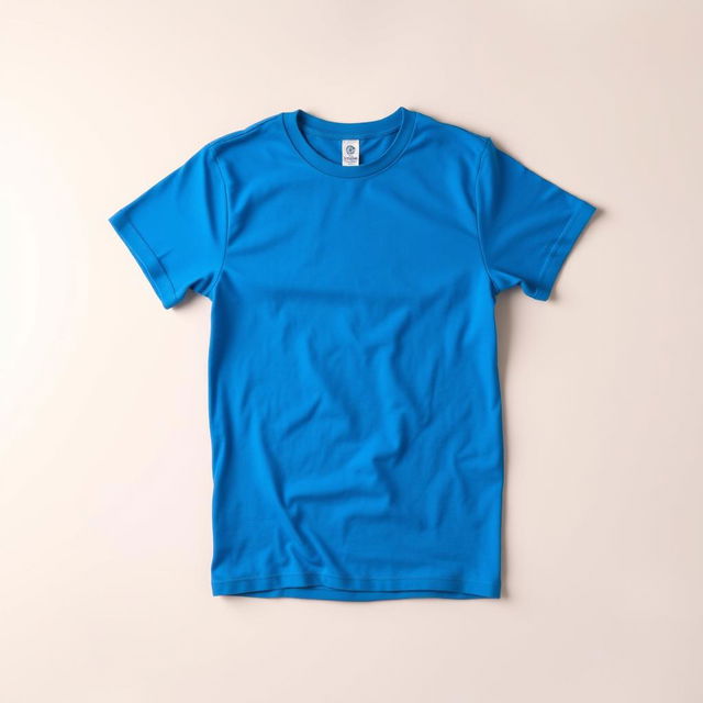 A vibrant blue t-shirt displayed prominently on a soft, neutral background