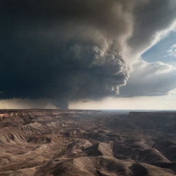 A surreal landscape where the sky appears to be rolling up and the Earth disgorges what lies within its belly, creating a scenically intense and apocalyptic vista.