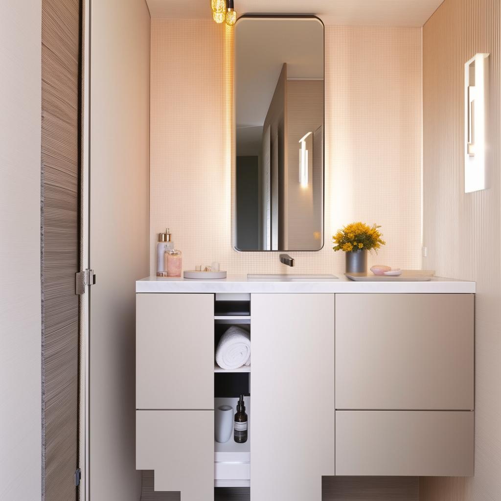 Minimalistic and practical small bathroom designs with smart storage solutions, detailed tiles, and bright lighting