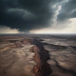 A surreal landscape where the sky appears to be rolling up and the Earth disgorges what lies within its belly, creating a scenically intense and apocalyptic vista.