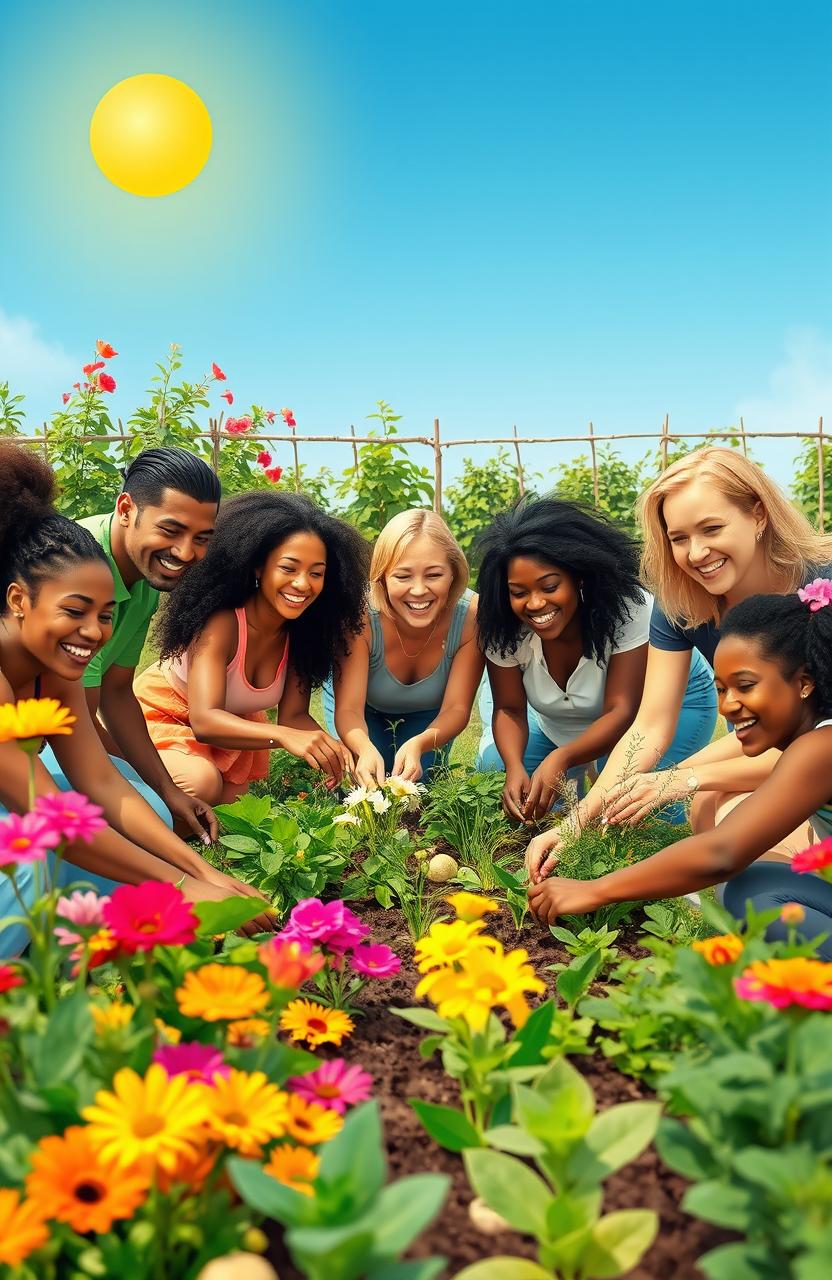 A vibrant and uplifting scene depicting a diverse group of people collaborating joyfully in a community garden