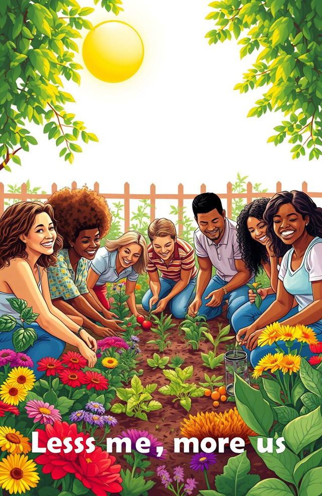 A vibrant and uplifting scene depicting a diverse group of people collaborating joyfully in a community garden