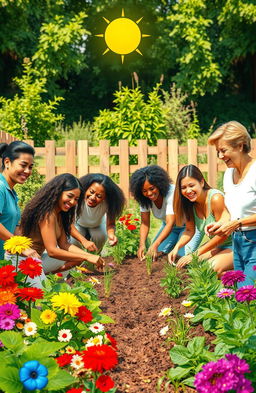 A vibrant and uplifting scene depicting a diverse group of people collaborating joyfully in a community garden