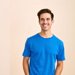 A stylish man wearing a vibrant blue t-shirt, smiling confidently as he stands casually against a soft, neutral background