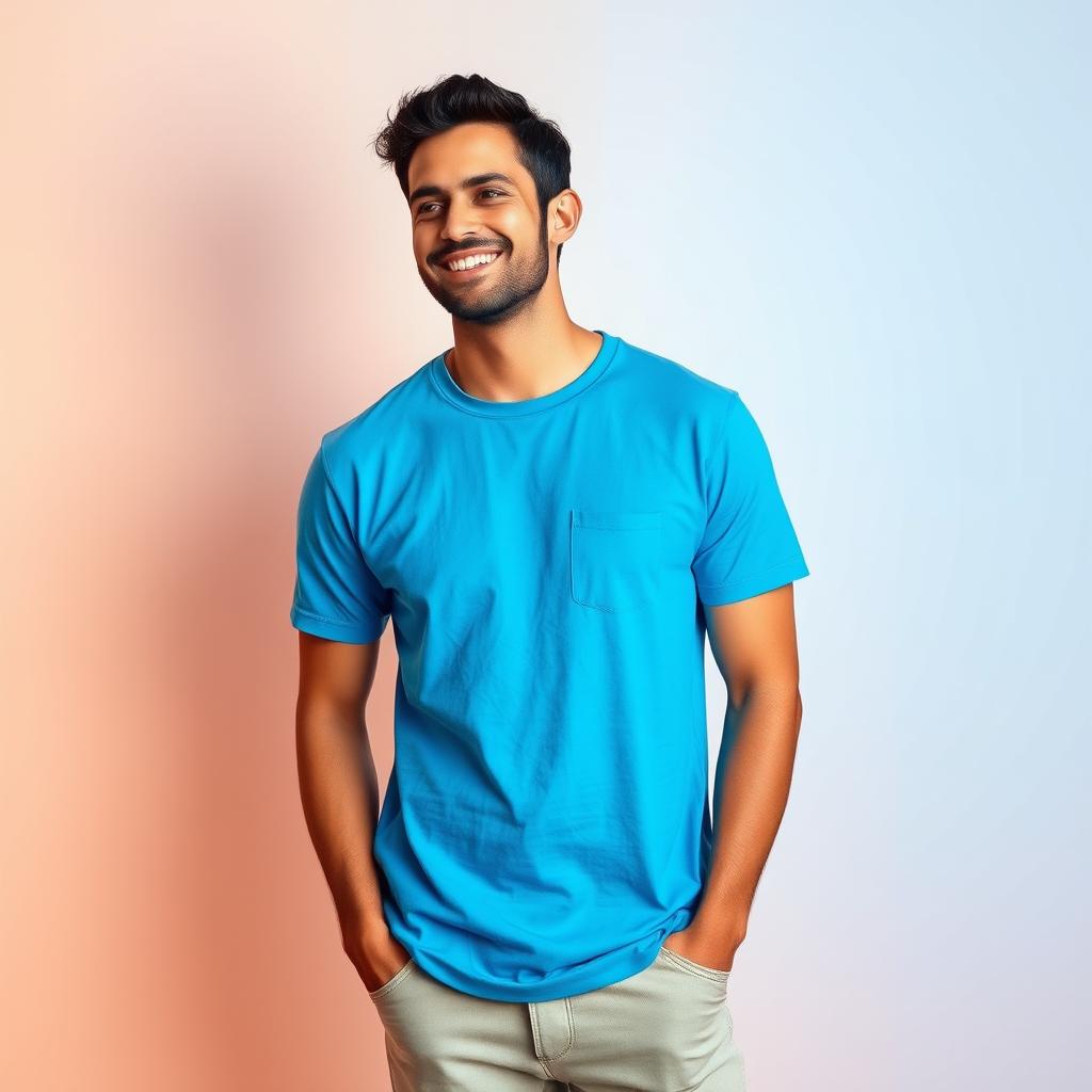 A stylish man wearing a vibrant blue t-shirt, smiling confidently as he stands casually against a soft, neutral background