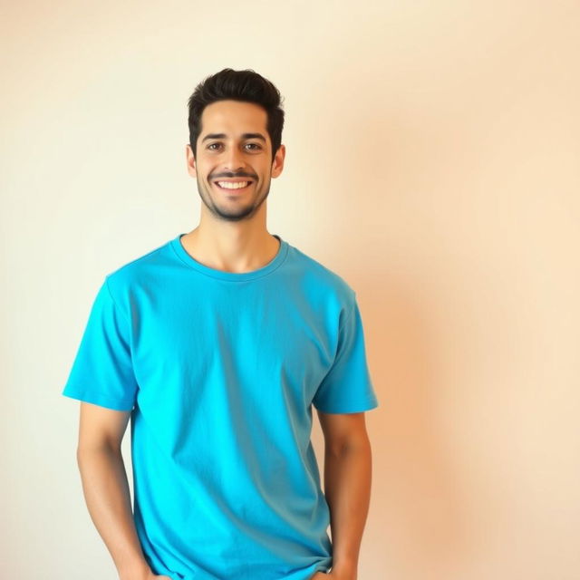 A stylish man wearing a vibrant blue t-shirt, smiling confidently as he stands casually against a soft, neutral background