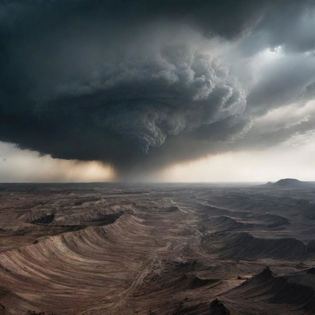 A surreal landscape where the sky appears to be rolling up and the Earth disgorges what lies within its belly, creating a scenically intense and apocalyptic vista.