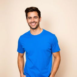 A stylish man wearing a vibrant blue t-shirt, smiling confidently as he stands casually against a soft, neutral background