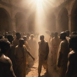 A spiritually profound scene, where people in the midst of chaotic scenes are turning towards a warm, divine light, symbolic of returning to their Creator.