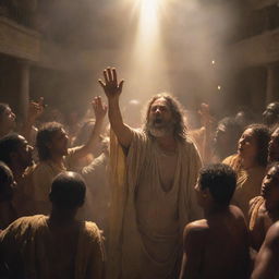 A spiritually profound scene, where people in the midst of chaotic scenes are turning towards a warm, divine light, symbolic of returning to their Creator.