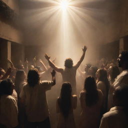 A spiritually profound scene, where people in the midst of chaotic scenes are turning towards a warm, divine light, symbolic of returning to their Creator.