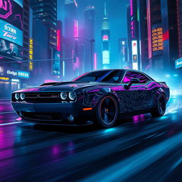 A futuristic Dodge Challenger reimagined in a cyberpunk design, featuring sleek, angular lines, glowing neon lights, and an intricate circuit pattern across the body