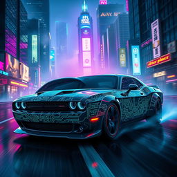 A futuristic Dodge Challenger reimagined in a cyberpunk design, featuring sleek, angular lines, glowing neon lights, and an intricate circuit pattern across the body