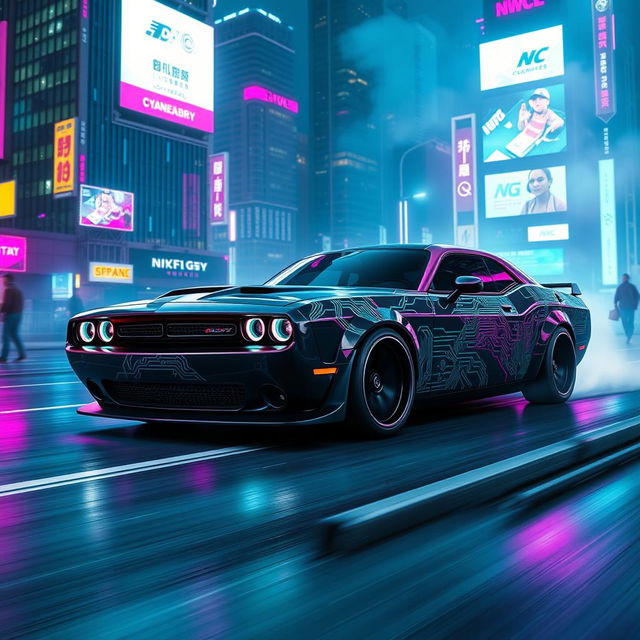 A futuristic Dodge Challenger reimagined in a cyberpunk design, featuring sleek, angular lines, glowing neon lights, and an intricate circuit pattern across the body