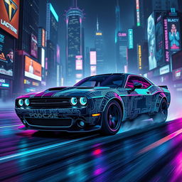 A futuristic Dodge Challenger reimagined in a cyberpunk design, featuring sleek, angular lines, glowing neon lights, and an intricate circuit pattern across the body