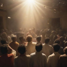 A spiritually profound scene, where people in the midst of chaotic scenes are turning towards a warm, divine light, symbolic of returning to their Creator.