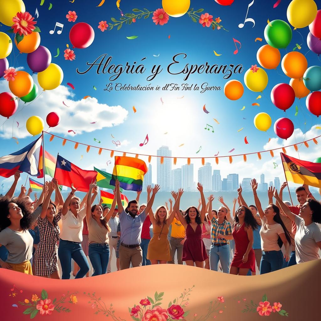 A vibrant celebration scene symbolizing joy and hope at the end of a war