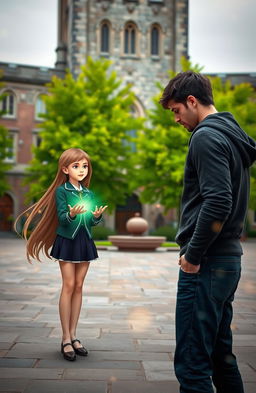 A young girl with long flowing hair, dressed in a stylish academy uniform, standing in a beautifully designed academy courtyard
