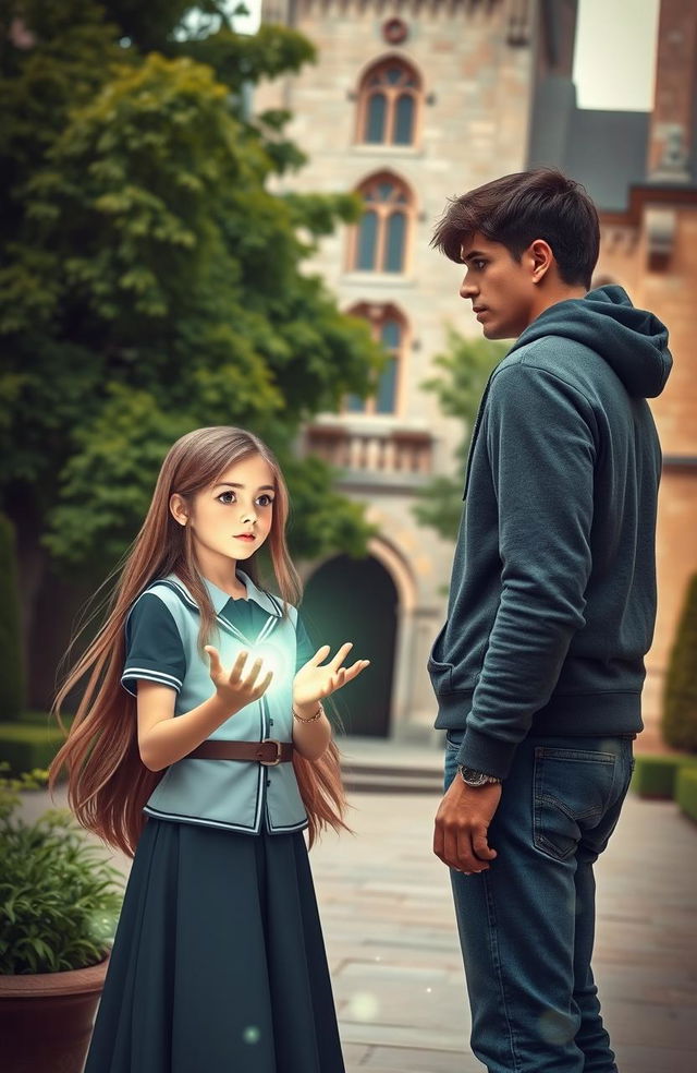 A young girl with long flowing hair, dressed in a stylish academy uniform, standing in a beautifully designed academy courtyard