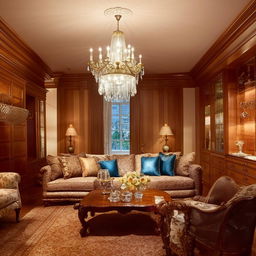 Elegant and cozy drawing room interior with plush sofas, rich wooden furniture, a crystal chandelier, and soft warm lighting