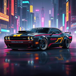 A futuristic Dodge Challenger designed with a cyberpunk aesthetic, featuring sleek lines and neon accents
